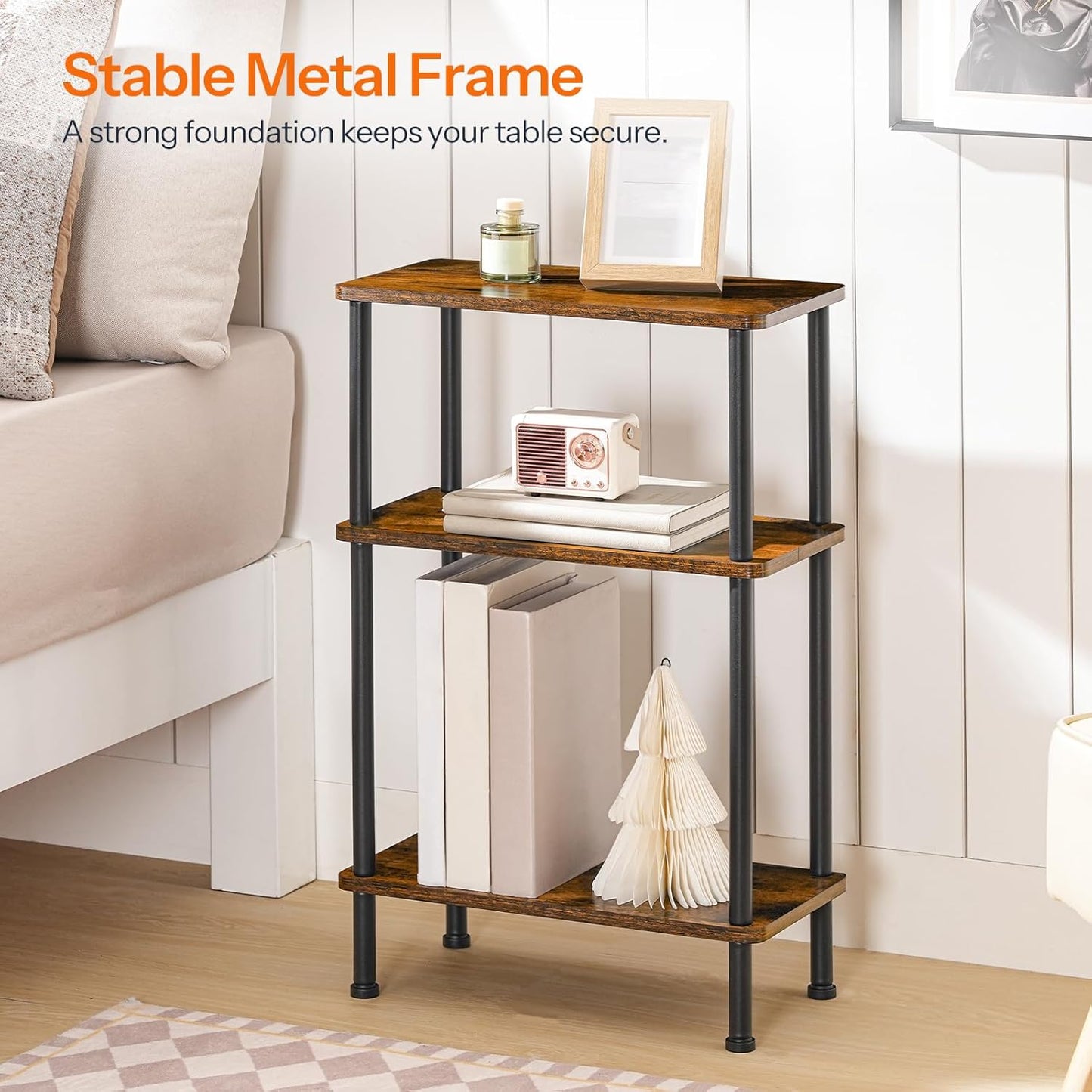 Narrow Side Table, 3-Tier Slim End Table No Tools Needed, Twist-On Assembly, Skinny Nightstand Sofa Storage Shelf for Living Room, Bedroom, Study, Rustic Brown and Black BF246BZP201