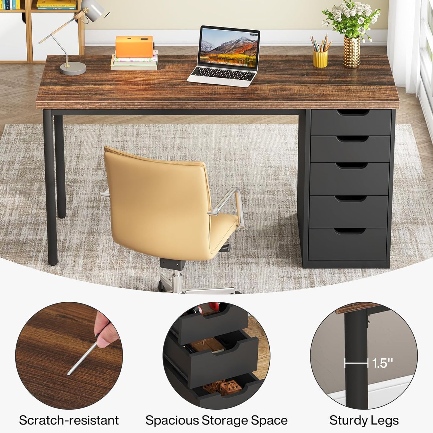 Computer Desk with 5 Drawers, 47 Inches Rustic Brown Home Office Desk with Storage, Modern Simple Laptop Desk Study Writing Table for Small Spaces (1, Brown+Black)