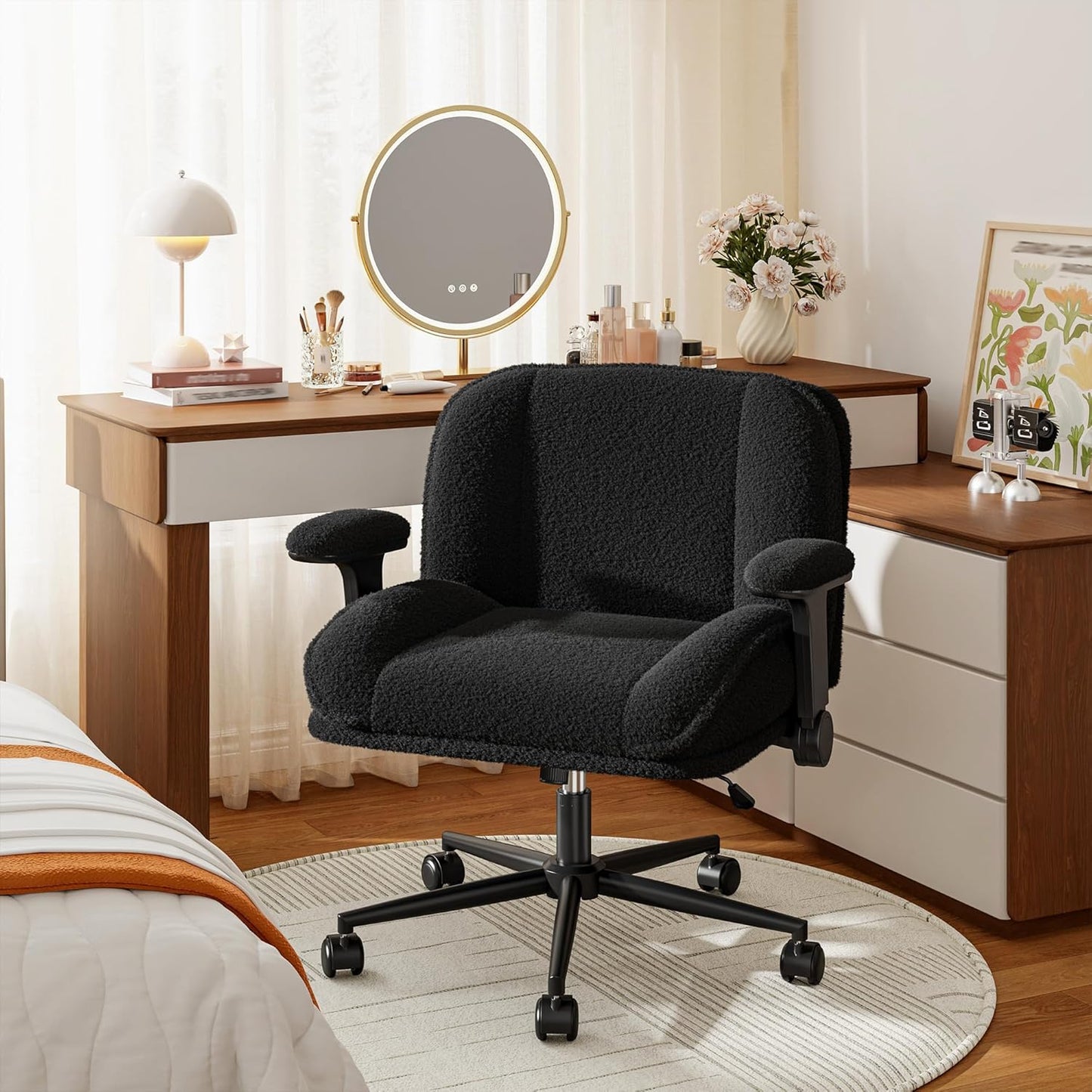 Cross Legged Office Chair with Flip-Up Arms, Wide Criss Cross Chair with Wheels & Extra-Deep Seat Thickened for Home Office, Vanity, Apartment Dorms,Plush Cushion,Cute,Comfy,Grey