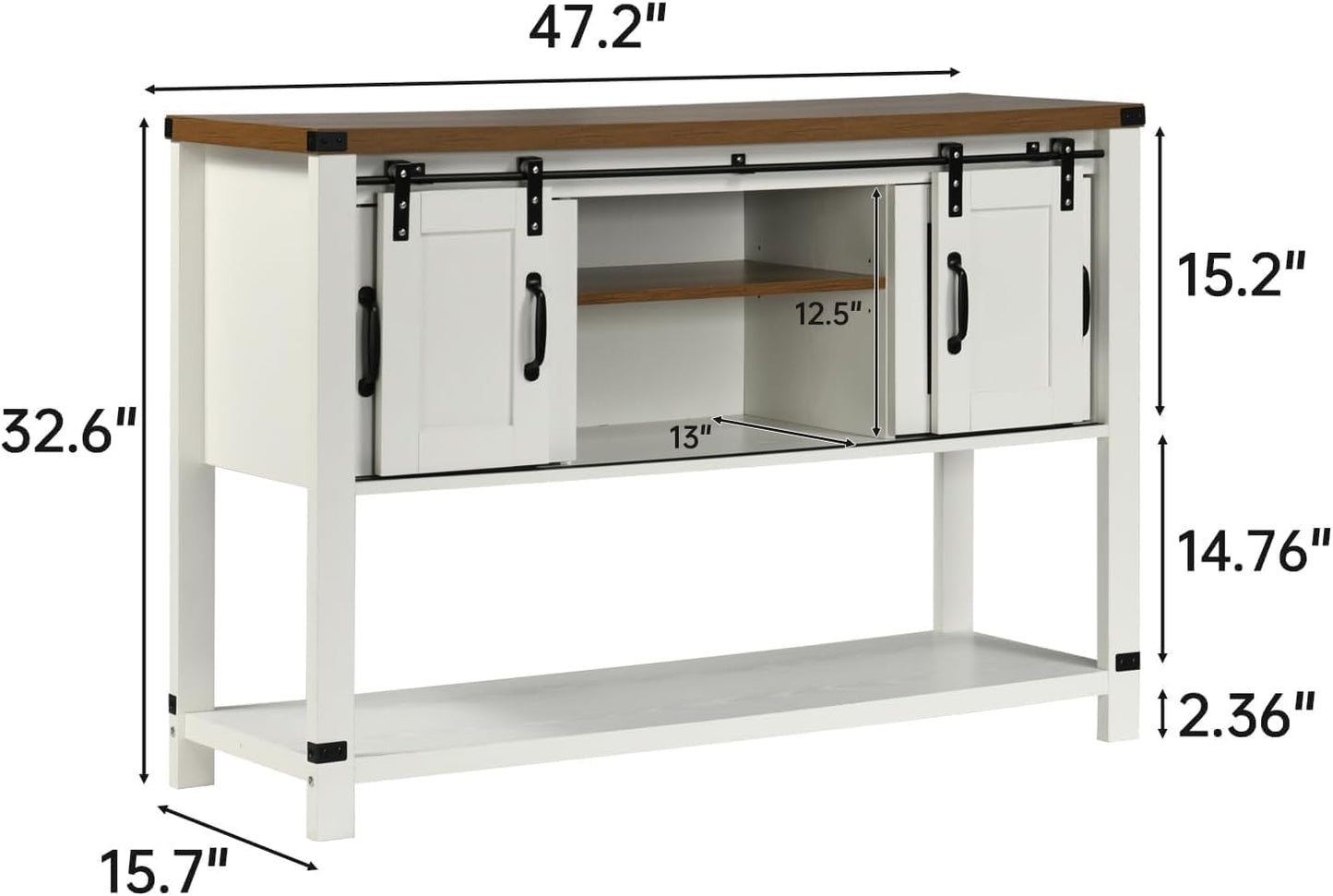 Farmhouse Coffee Bar Cabinet with Storage, 47'' Coffee Bar Table with Sliding Barn Door, White Coffee Buffet Cabinet with Metal Mesh Doors, Console Table with Bottom Open Shelf, Living Room