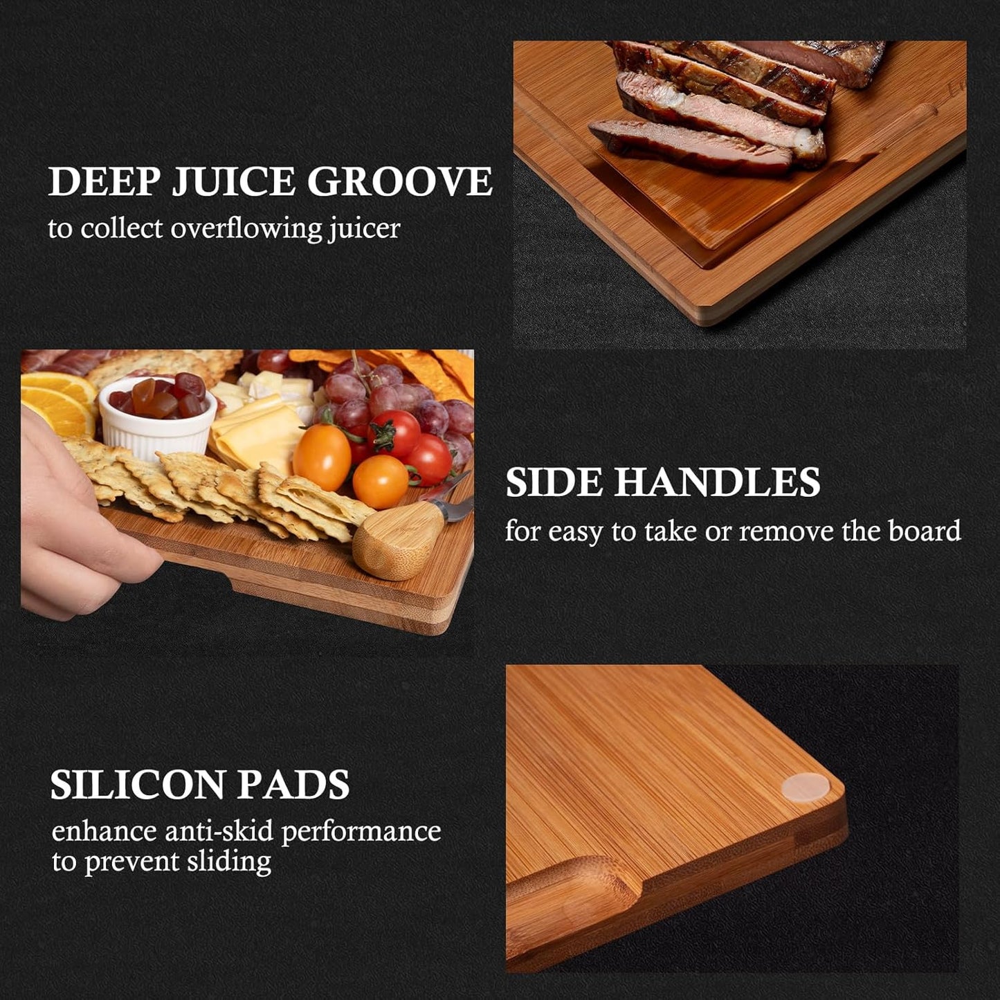 Bamboo Cutting Board Set, Wood Cutting Boards for Kitchen with Holder Wooden Chopping Board for Meal Prep & Serving, Brown