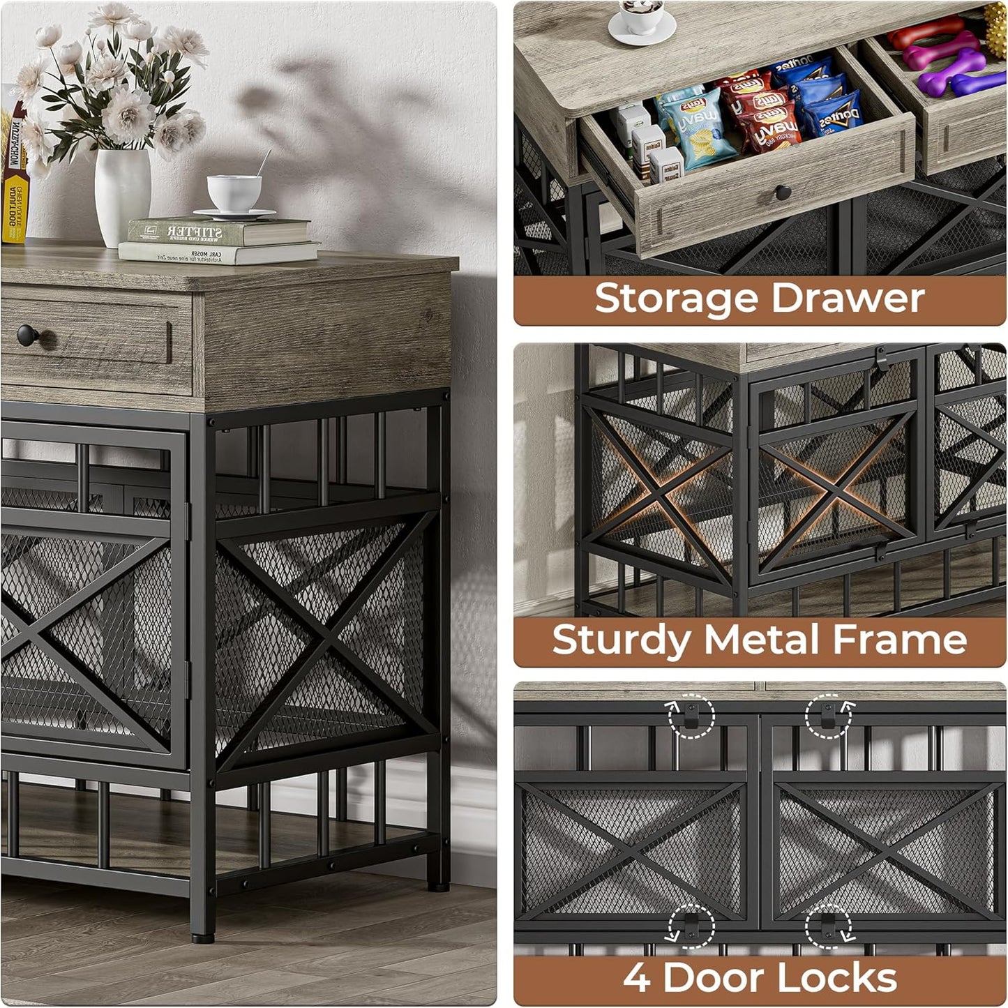 44 Inch Large Dog Crate Furniture, Wooden Dog Kennel with Storage Drawers for Medium/Large Dogs, Decorative Dogs Kennel Indoor, Light Ivory