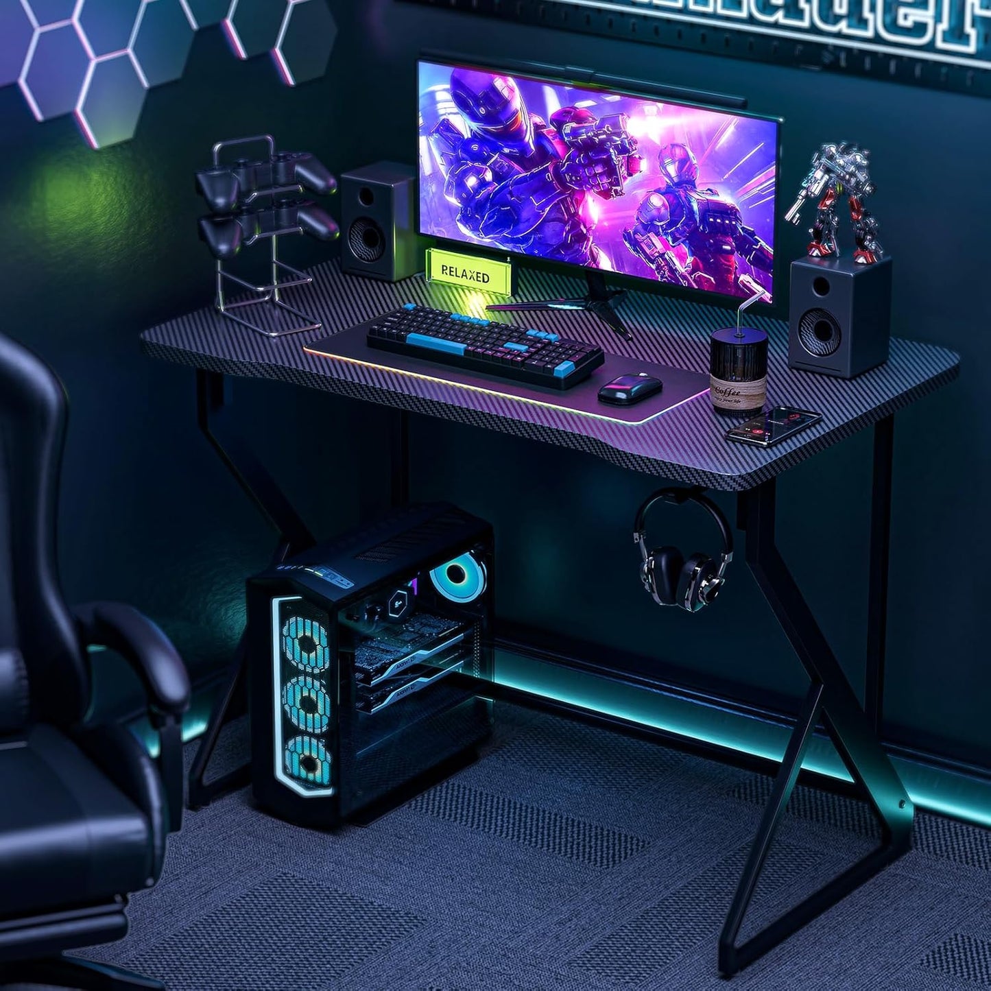 Gaming Desk Z Shaped 40 Inch Gamer Workstation, Home Computer Carbon Fiber Surface Gaming Desk PC Table with Headphone Hook, Carbon Fiber Black