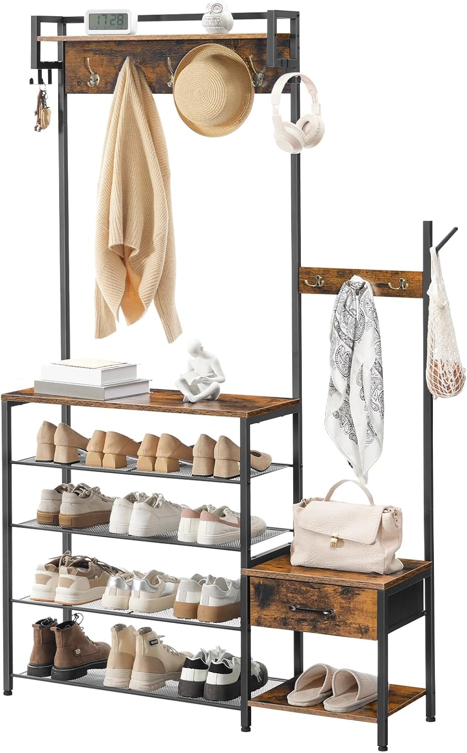 Hall Tree, Entryway Coat Rack Shoe Bench, Shoe and Coat Rack for Entryway, Hall Tree Coat Rack, with Non-Woven Fabric Drawer, for Entrance, Foyer, Rustic Brown and Black BF113MT01