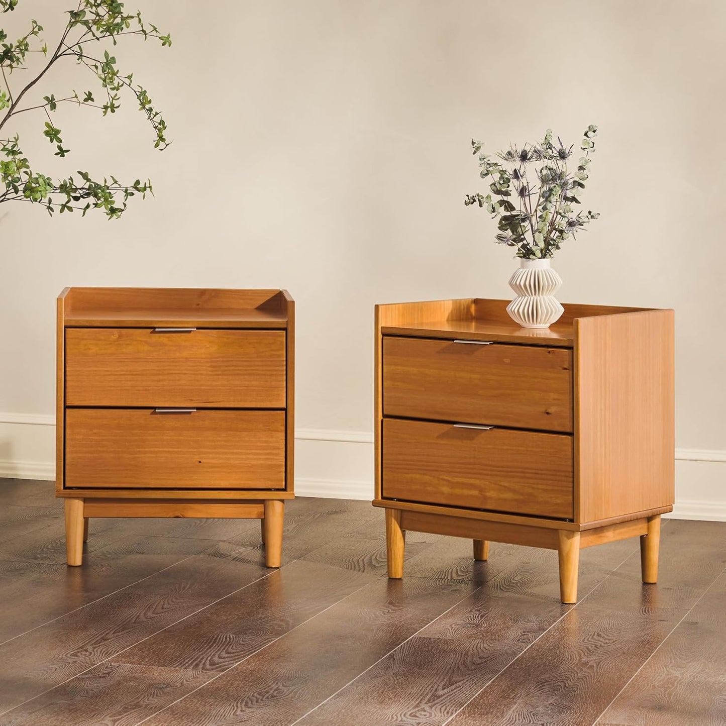 Mid-Century Modern 2-Drawer Solid Wood Nightstand, 20 Inch, Set of 2, Caramel