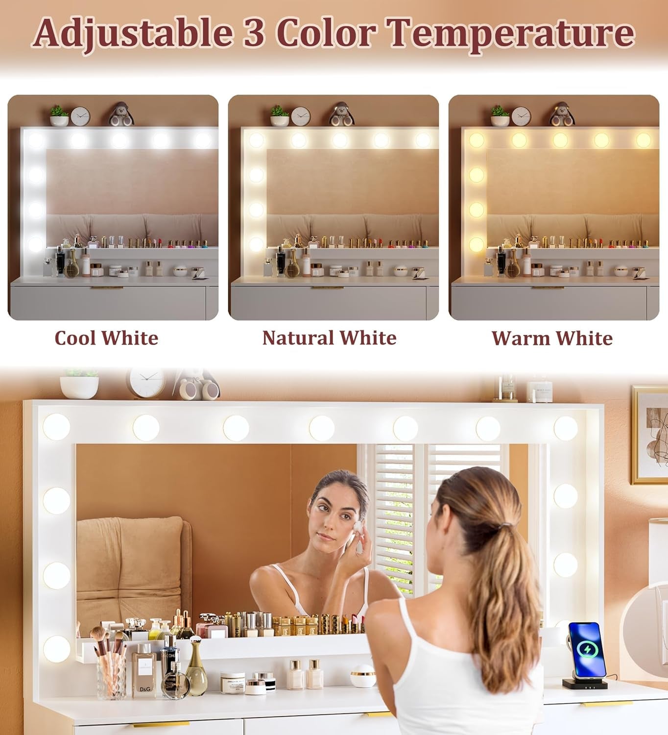 Vanity Desk with Large Mirror and Lights, 45.3In Makeup Vanity with Power Outlet 9 Drawers & Storage, 3 Lighting Color Adjustable, White Vanity Desk for Bedroom