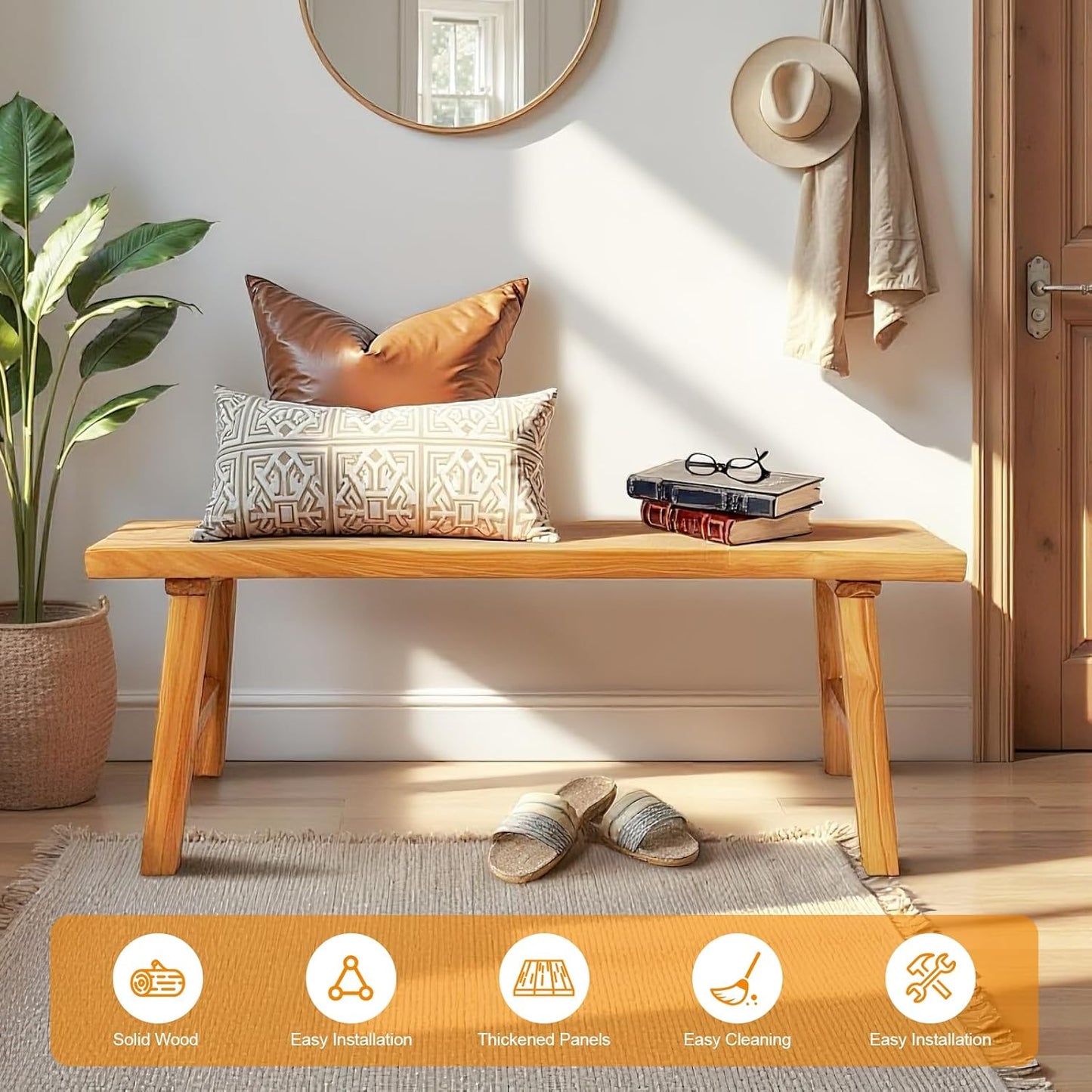 Farmhouse Solid Wood Bench: Long Rustic Indoor Narrow Wooden Bench for Entryway,Living Room, Dining Room,End of Bed,Hallway (47" Lx10 Wx18 H)