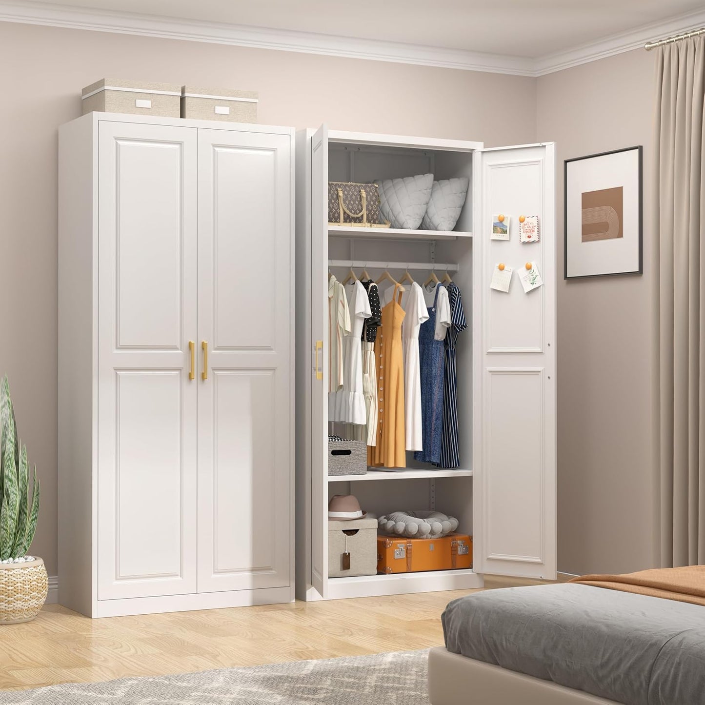Armoire Wardrobe Closet with Doors, 71'' Wardrobe Cabinet with Hanging Rod, Metal Closet with 2 Adjustable Shelves for Bedroom School, Employee, Gym, Armarios De Ropa Para Dormitorio, White