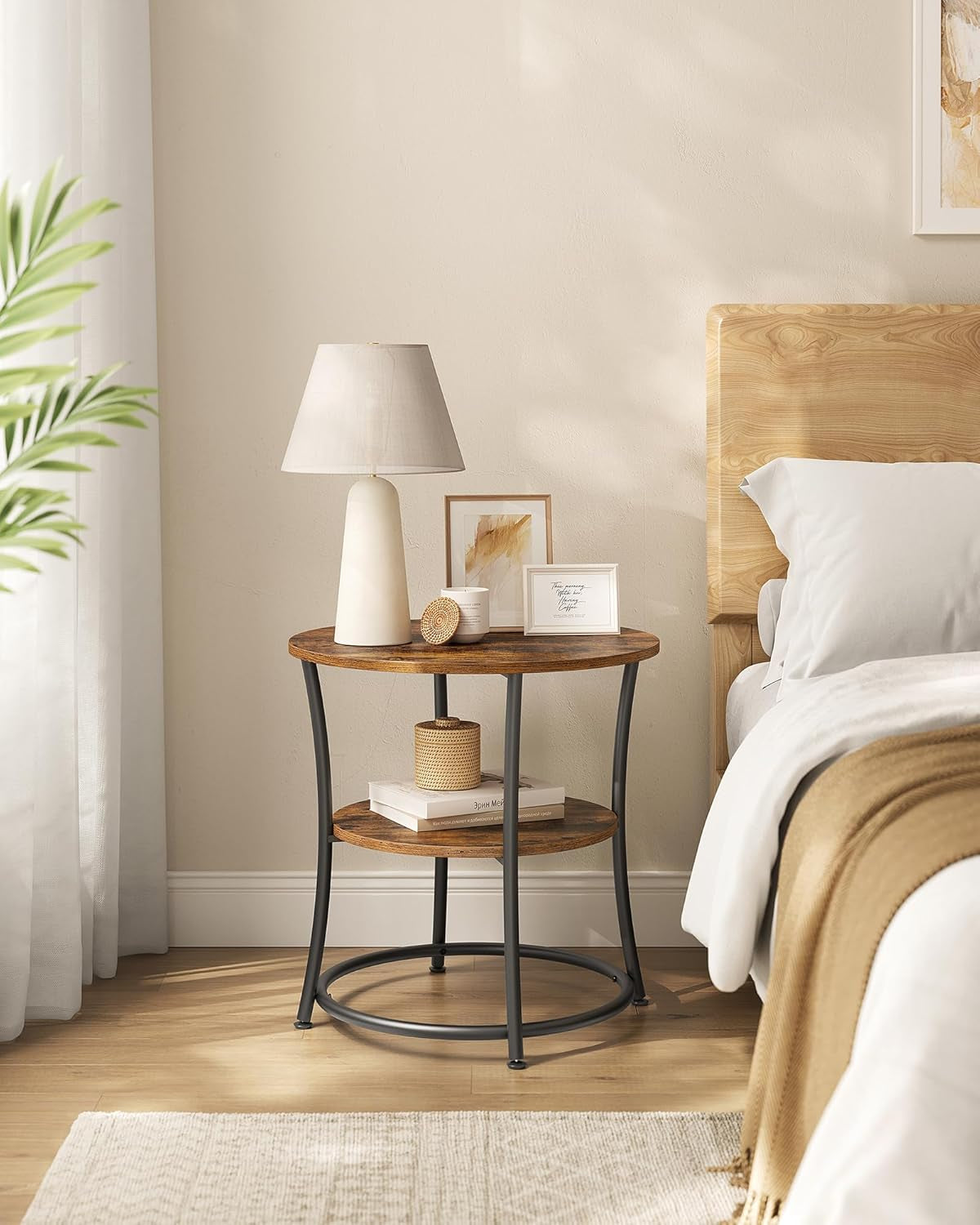 Side Table, 2-Tier round End Table, Nightstand with Steel Frame for Small Spaces, Living Room, Bedroom, Rustic Brown and Ink Black