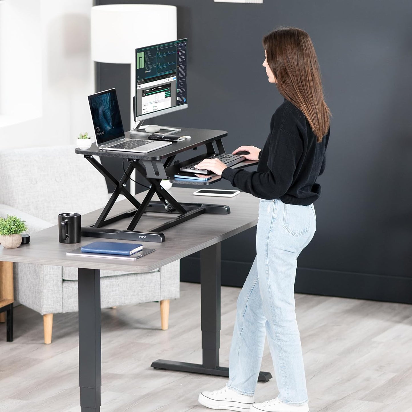 32 Inch Desk Converter, K Series, Height Adjustable Sit to Stand Riser, Dual Monitor and Laptop Workstation with Wide Keyboard Tray, Black, DESK-V000K