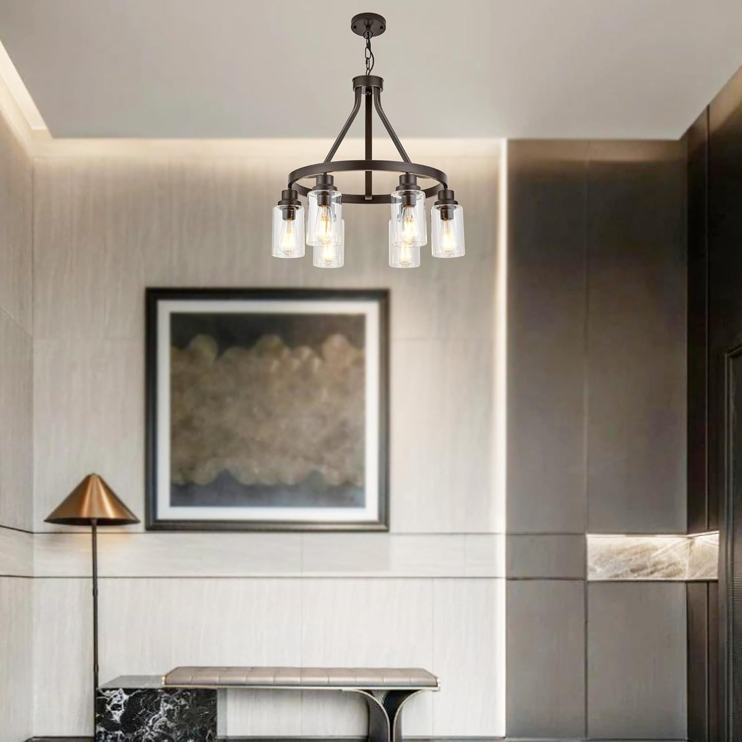 Oil Rubbed Bronze Dining Room Lighting Fixture Hanging Farmhouse Chandelier 6 Light Kitchen Island Lighting with Glass Shade