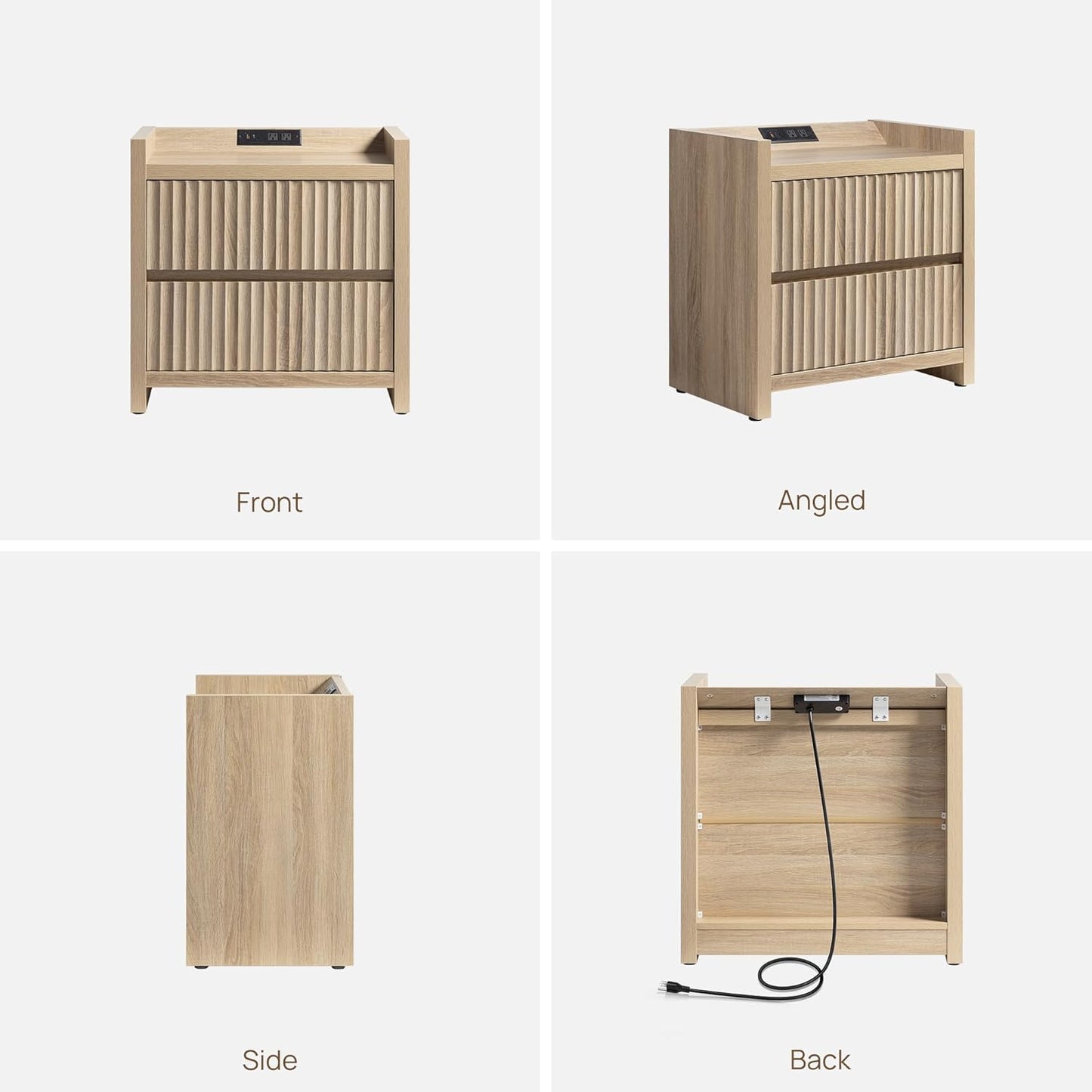 Fluted Night Stand Set 2 - Nightstands with Charger Station, Large Modern Bedside Table End Table with 2 Drawers, 25" Wide Farmhouse Nightstand for Bedroom (Light Oak, 2 Pieces)