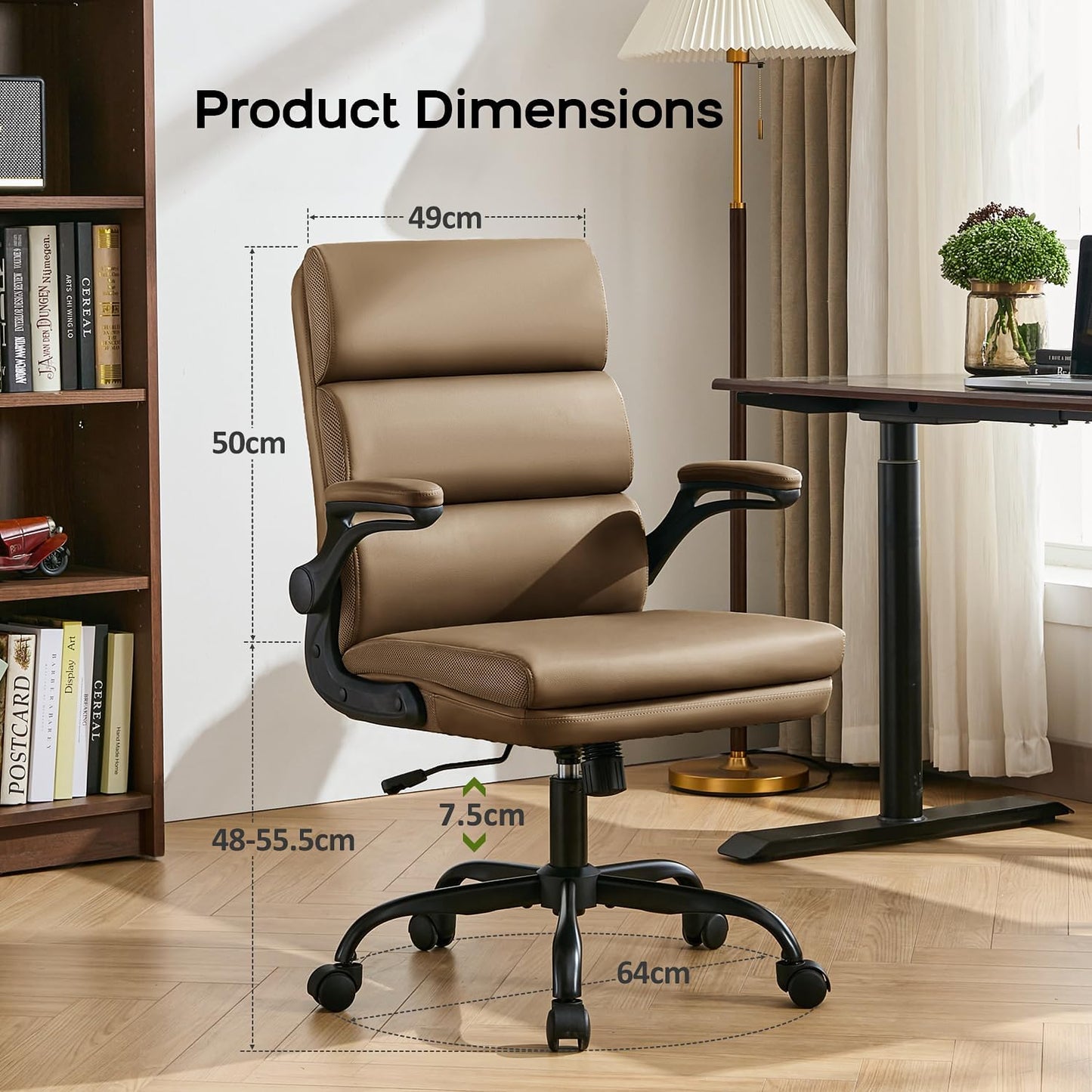 Office Chair Adjustable Desk Chair Mid Back Executive Comfortable Bonded Leather Ergonomic Back Support Home Computer Chairs with Padded Flip-Up Armrest Swivel Wheels (Tan)