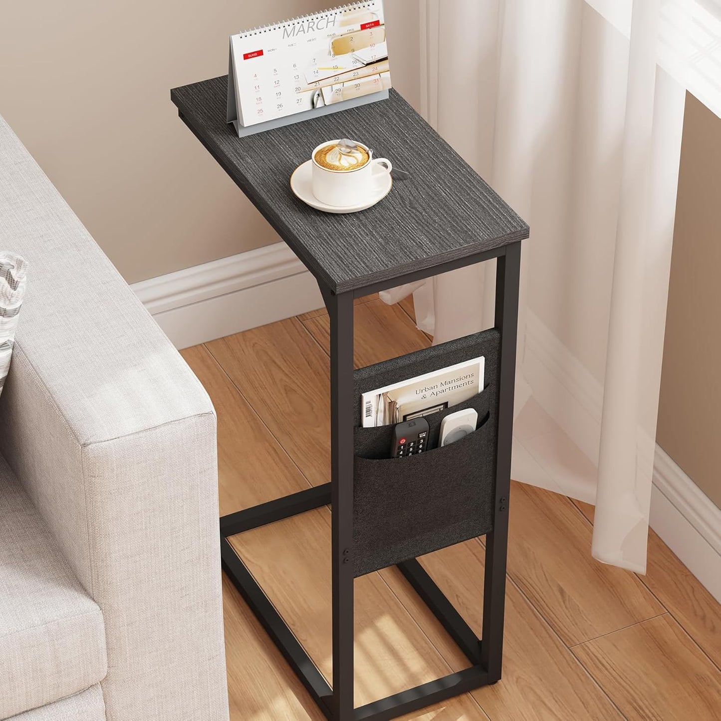 C Shaped End Table, Side Table for Couch, Sofa Table with Storage Bag, TV Tray for Living Room, Bedroom, Black TB01BK0822
