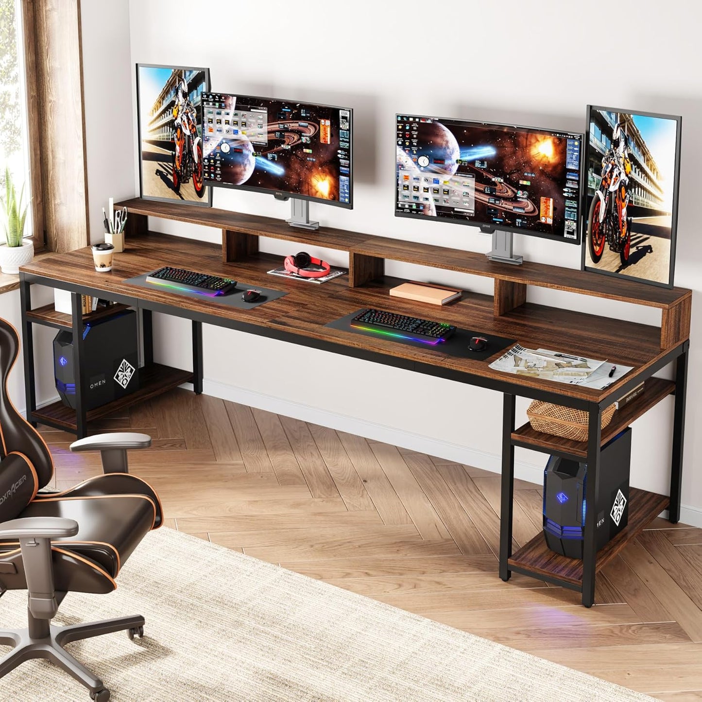 Two Person Desk with Monitor Stand, 78.74" Long Double Computer Office Desk with Storage Shelves, Large Gaming Study Writing Table Workstation for Home Office (Rustic Brown)