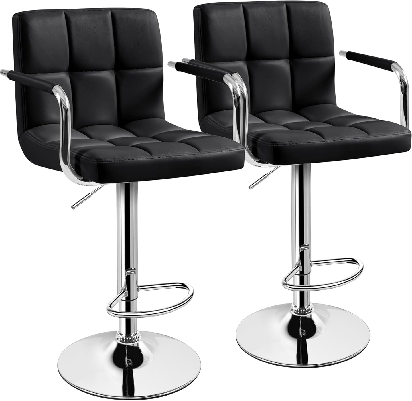 Bar Stools Set of 2, PU Leather Adjustable Swivel Barstools, Hydraulic Kitchen Counter Height Bar Chairs with Armrest and Back for Kitchen, Dining Room, Black