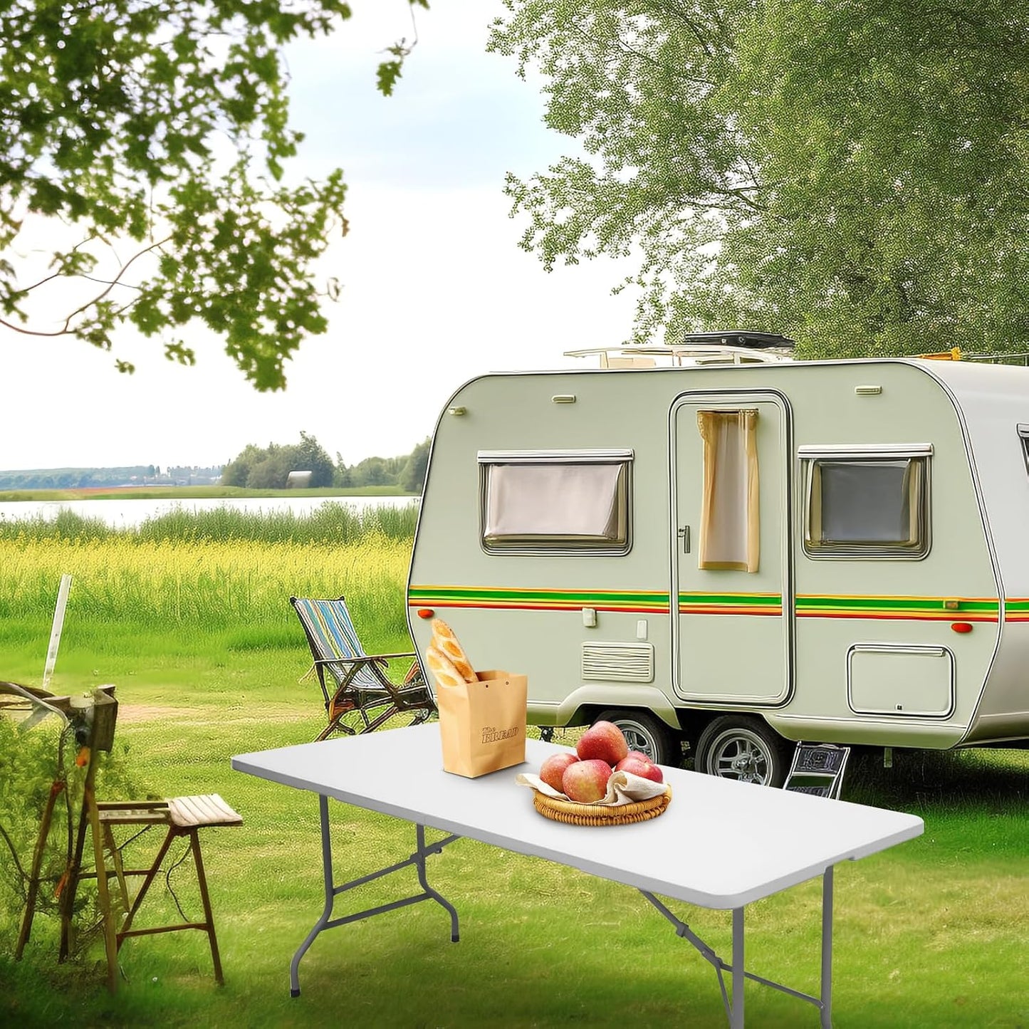 Folding Table 6Ft Portable Heavy Duty Plastic Fold-In-Half Utility Foldable Table Plastic Dining Indoor Outdoor for Camping, Picnic and Party, White