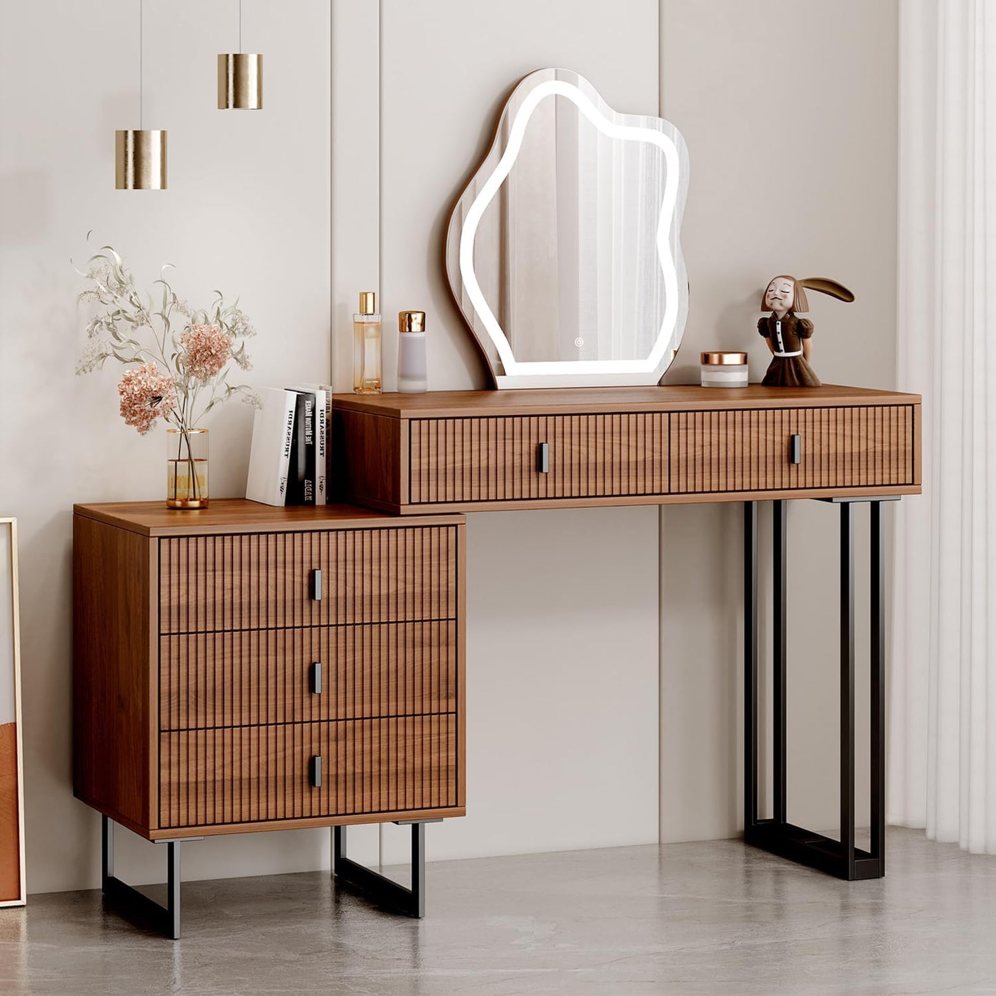 Brown Vanity Desk with Mirror and Lights,Small Makeup Vanity with 5 Drawers,Modern Makeup Table with Adjustable Cabinet for Bedroom,Makeup Room