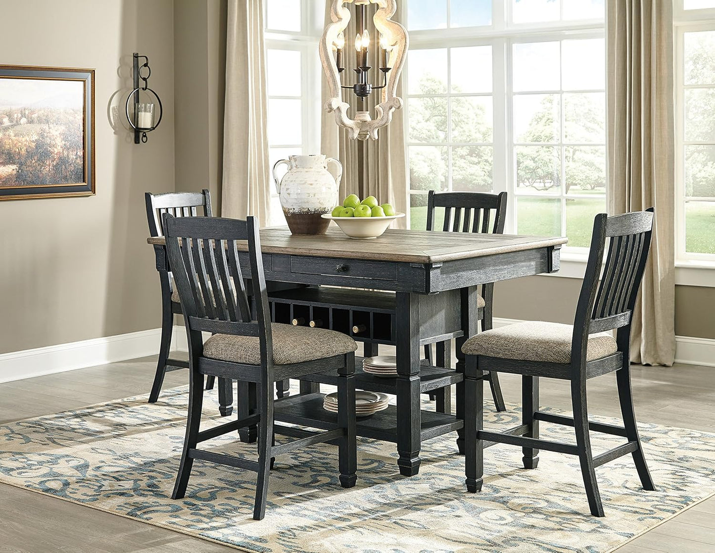Tyler Creek Farmhouse 36"Counter Height Dining Table with Wine Rack, Amost Black