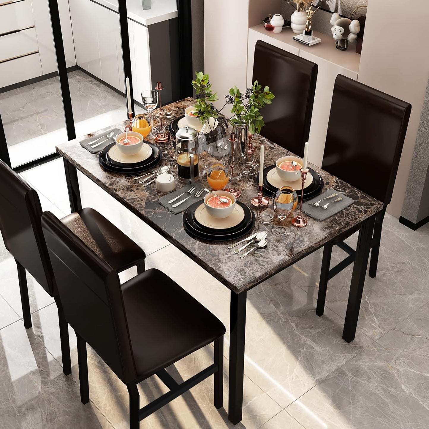 5 Piece Dining Table Set for 4,Faux Marble Kitchen Table and Chairs for 4, Modern Dining Room Table with 4 Chairs,Dinner Table Set for Small Spaces, Brown