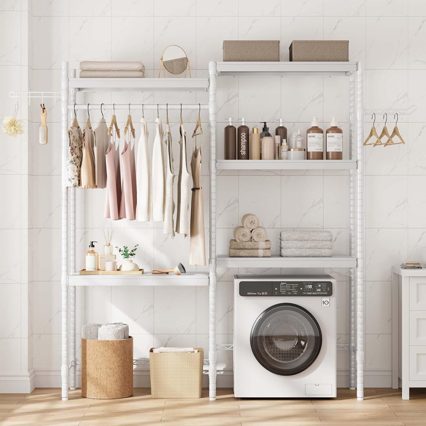 28" Over-The-Toilet/Washer Shelf – 5-Tier Laundry Organizer with Double-Layer Wood Shelves (100LB Capacity), Adjustable Height Storage for Small Spaces (White)