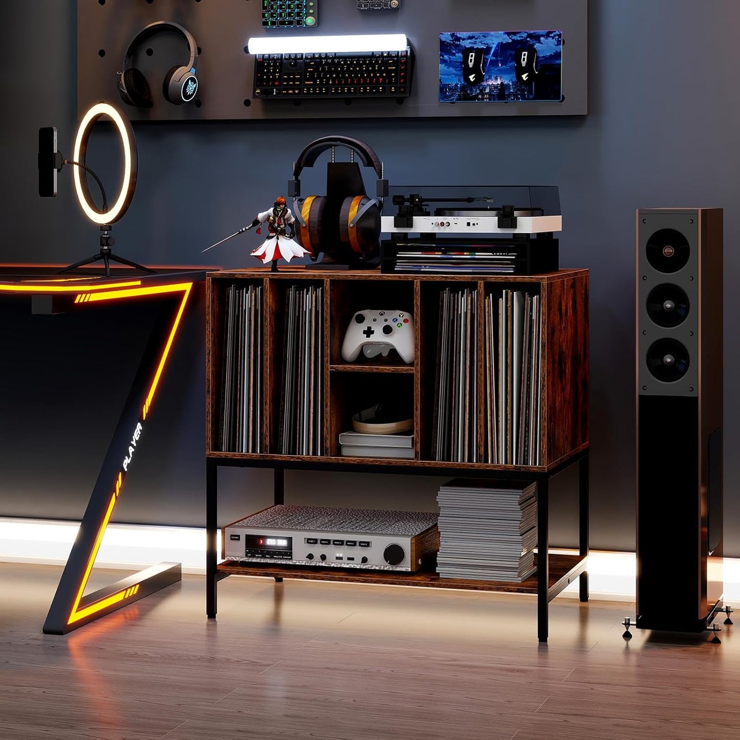 Record Player Stand with Charging Station, Turntable Stand with Storage Shelves Hold up to 150+ Albums, Record Player Table with Metal Frame, Vinyl Record Storage for Music Living Room, Brown