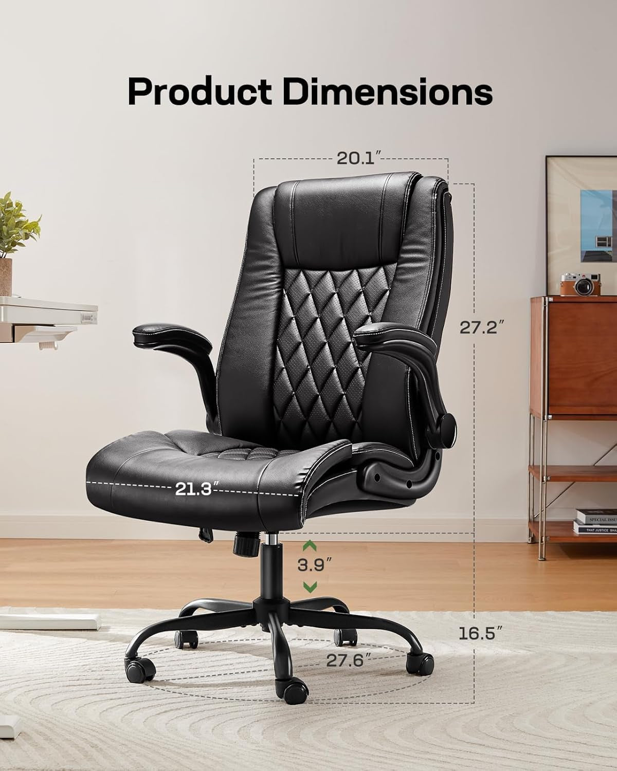 Executive Office Chair with Flip-Up Armrests,Pu Leather Ergonomic Desk Chair Height-Adjustable Swivel Rolling Computer Desk Chair,Black