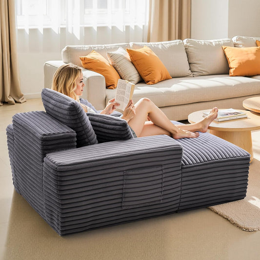 Chaise Lounge Chair, 48 in Boneless Chaise Lounge Indoor, Modern Upholstered Oversized Reading Chair with Throw Pillows & Armrests, Sofa Couch Deep Seat Sleeper for Living Room, Bedroom, Balcony