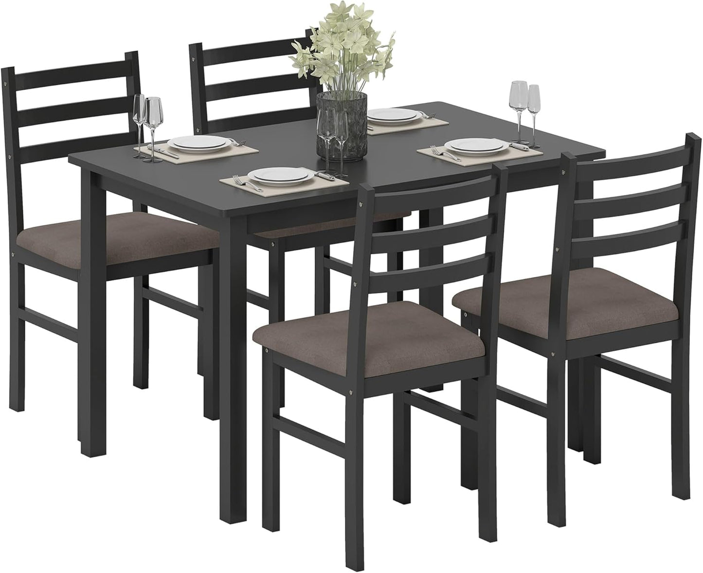 5-Piece Dining Table Set for 4 with Solid Wood Frame, Farmhouse Kitchen Table Set with 4 Upholstered Padded Chairs for Small Space, Dining Room, Breakfast Nook, Black