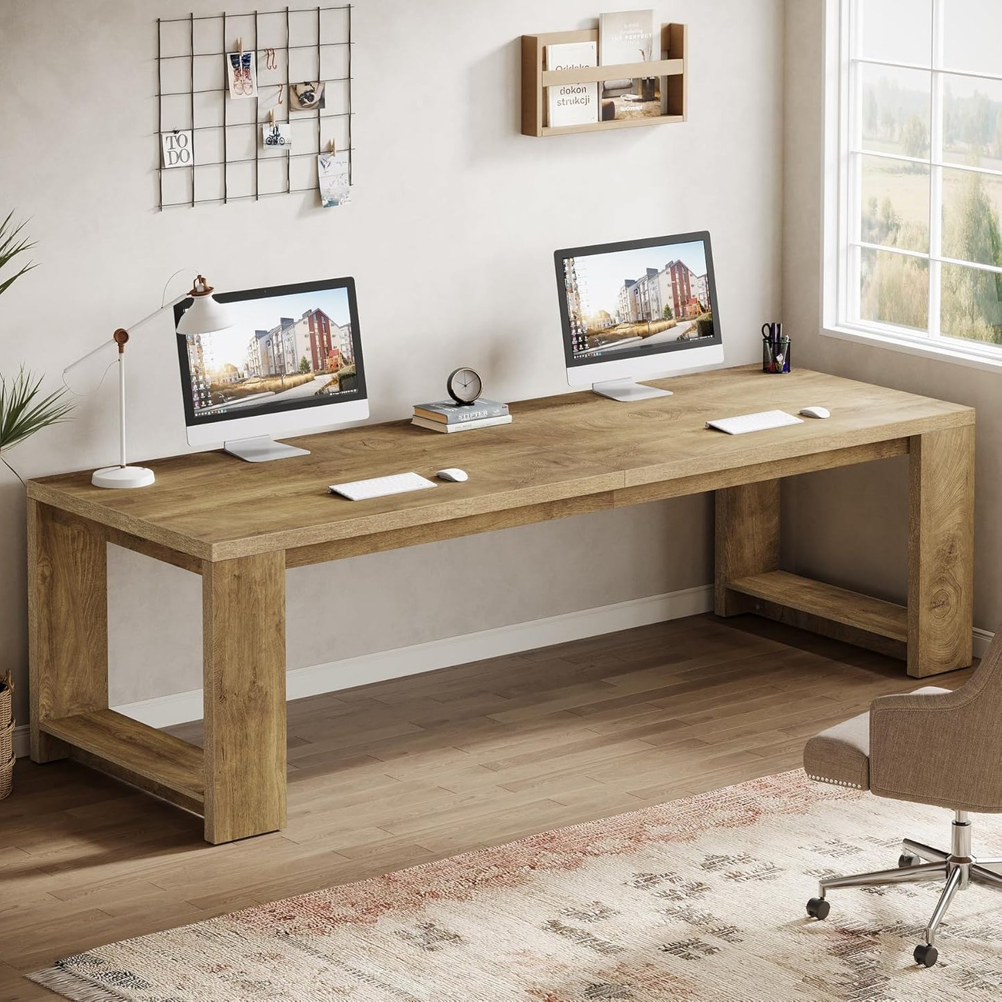 Two Person Desk, 86.6 Inches Extra Long Desk, Double Computer Writing Table, Wood Large Desks Workstation for Home Office, Natural Oak