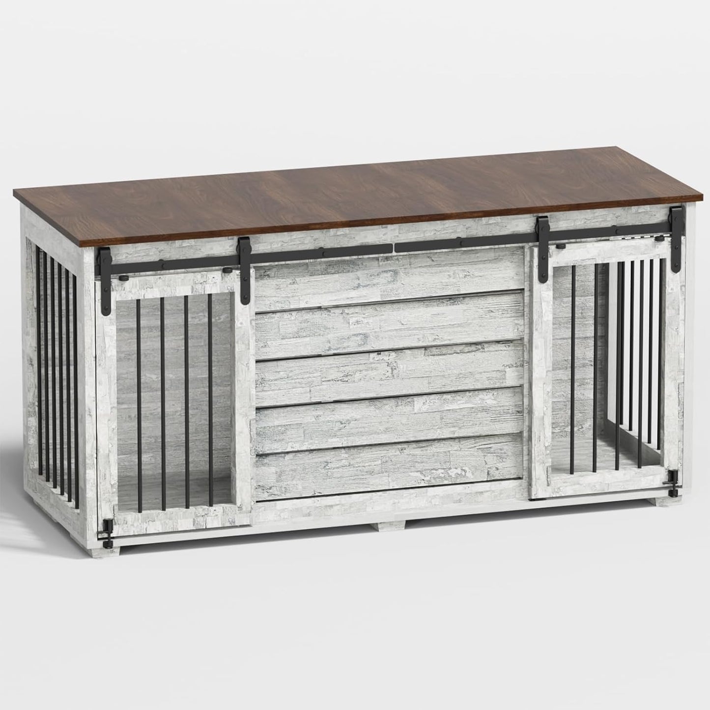 Dog Crate Furniture, 63''Wooden Dog Kennel with Removable Divider and Sliding Door, Dog Crates with Double Rooms, Heavy Duty Dog Crate Table Indoor TV Stand for Small Medium Large Dogs
