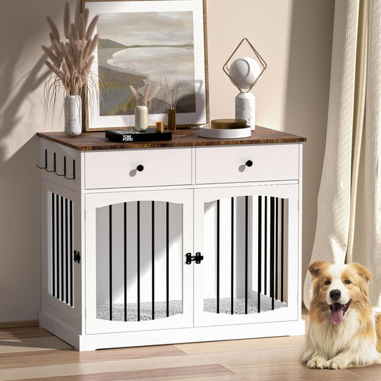 Dog Furniture Crate -40 Inch Dog Kennel with Drawers-End Table Wooden Pet Crate, Double Door Design, Decorative Dog House Indoor for Small Medium Large Dog, White