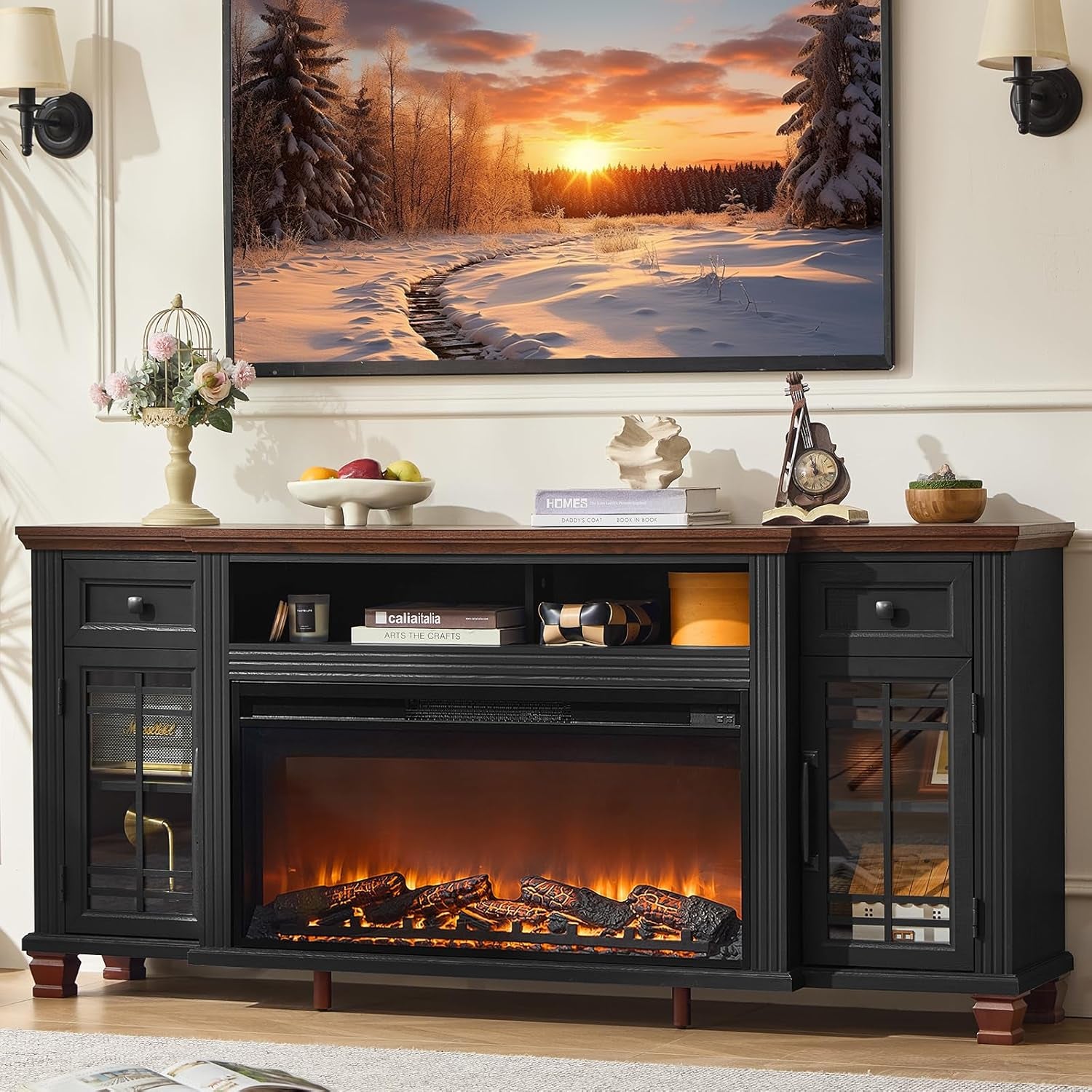 70" Fireplace TV Stand with 36”Silent Electric Fireplace, Farmhouse Entertainment Center for Tvs up to 80", 2 Drawers TV Console with Glass Door Cabinet, Black Tvs Cabinet for Living Room