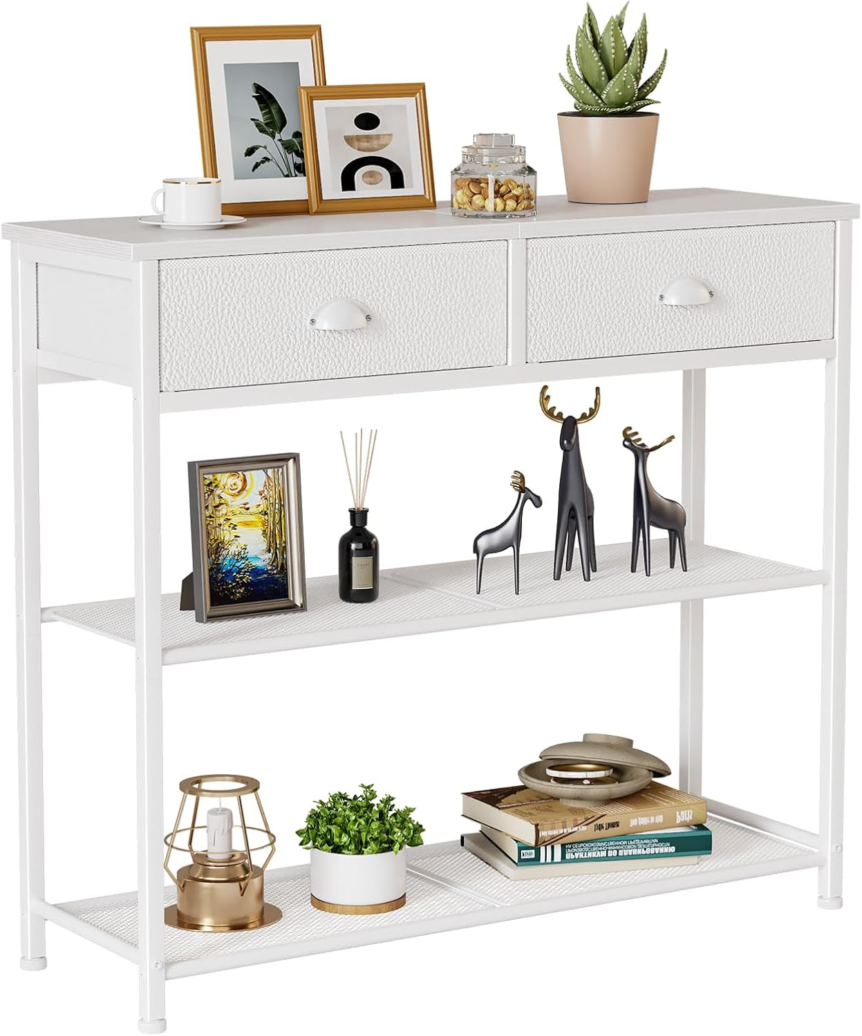 30'' Entryway Table, White Console Table with Storage, Narrow Sofa Table with 2 Drawers and 2 Shelves for Hallway, Living Room, Bedroom, Foyer, Couch, Tv
