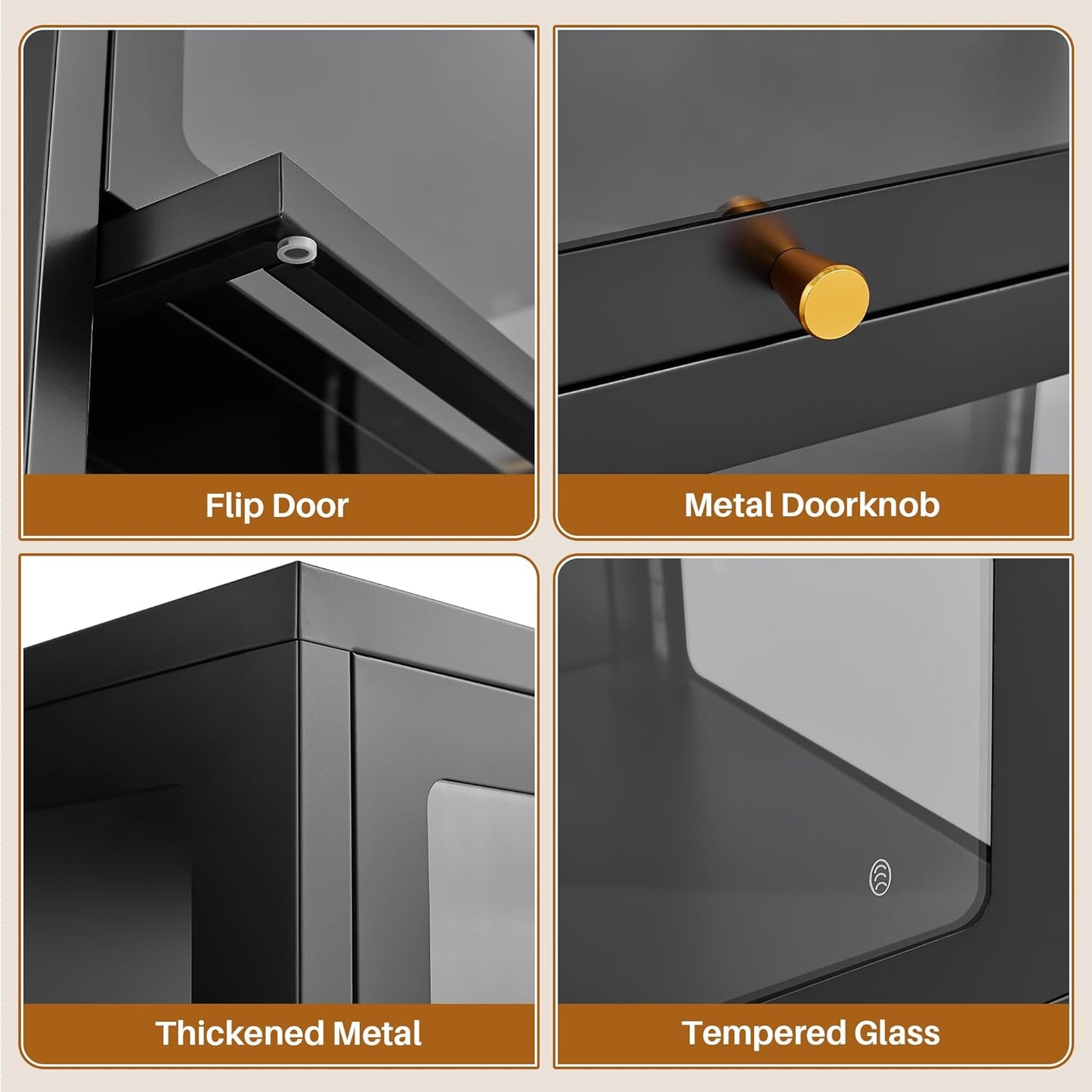 4 Tier Glass Display Cabinet with Flip-Up Doors, 55" Curio Cabinet with 13-Color LED Lights, 3-Side Tempered Glass Display Case for Books, Collectibles, Figures, Black