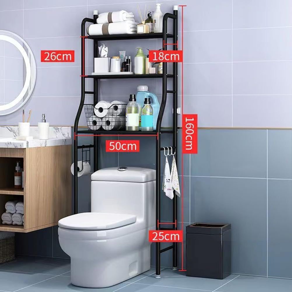 Over the Toilet Storage, 3-Tier Metal over Toilet Organizer Rack, Freestanding above over Toilet Storage Shelf with Hooks and Paper Holder for Bathroom, Stainless Steel