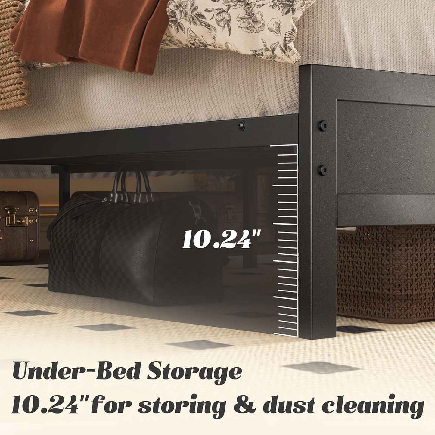 Classic black queen bed frame with charging station and LED light, view 6