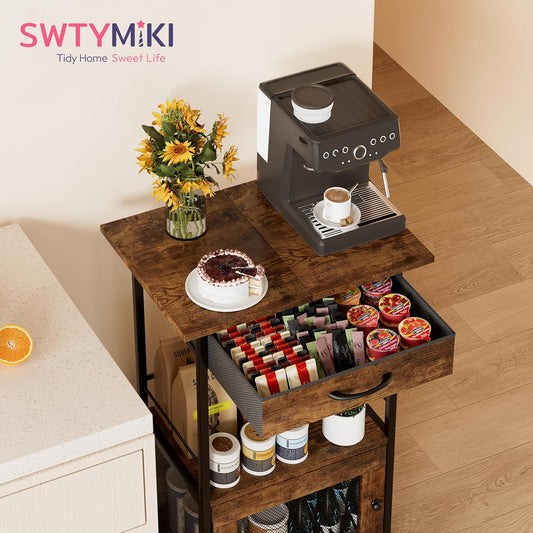 Buffets Coffee Bar Cabinet - Rolling Kitchen Rack, Farmhouse Small Coffee Stand with Storage Drawer and Door Cabinet - Kitchen Microwave Stand for Apartment, Living Room, Entryway, Espresso