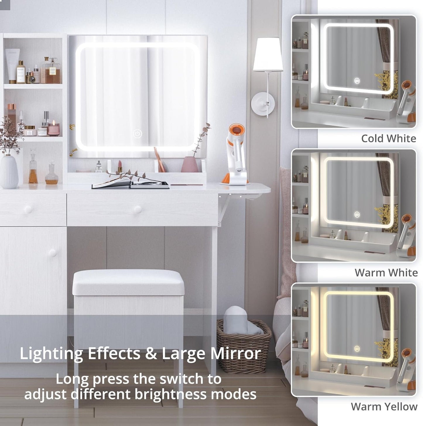 Vanity Desk with LED Lighted Mirror & Power Outlet, Makeup Table with Drawers & Cabinet,Storage Stool, White