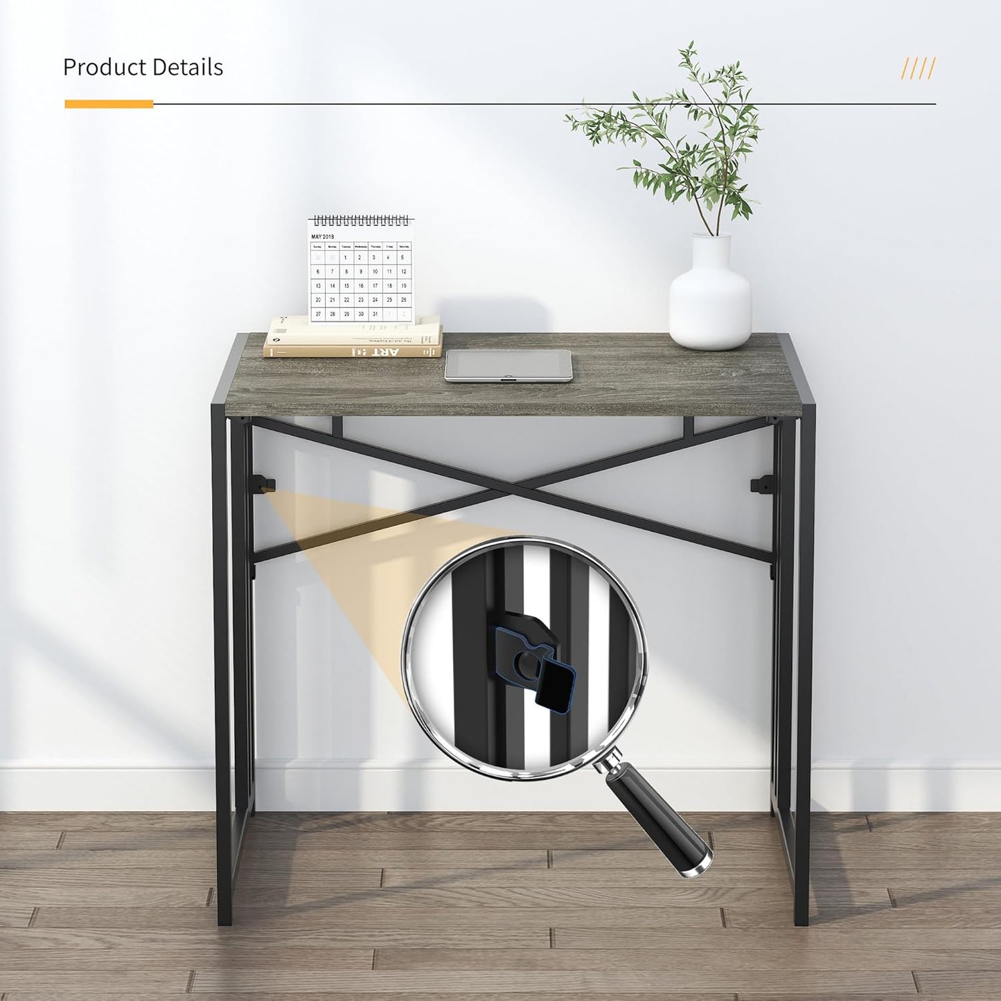 47 Inch Folding Desk, Writing Gaming Computer Camping Table, No Assembly Required Home Office Desk, Black Oak