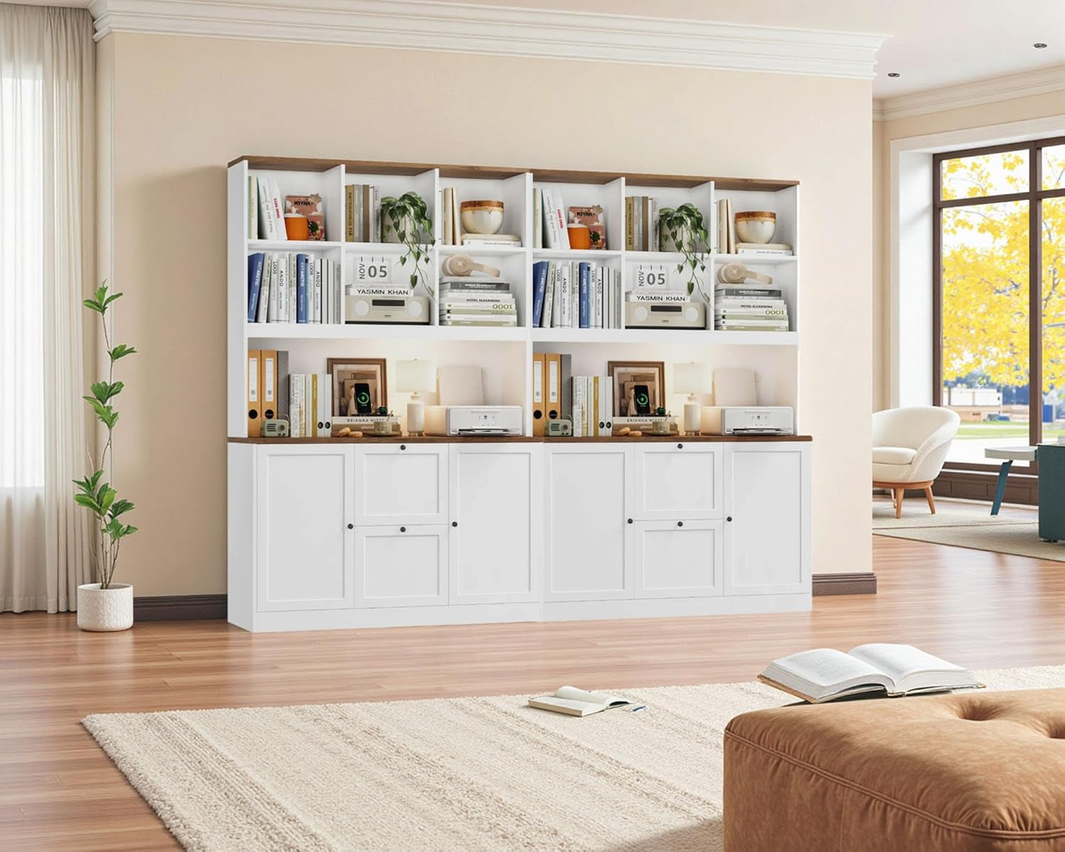 72'' Tall File Bookcase with Power Outlet & Printer Stand, 2 Drawer Filing Cabinets for Home Office Fit Hanging A4 File, Storage Cabinet W/ 3 Tier Open Book Shelf & Doors for Living Room, White