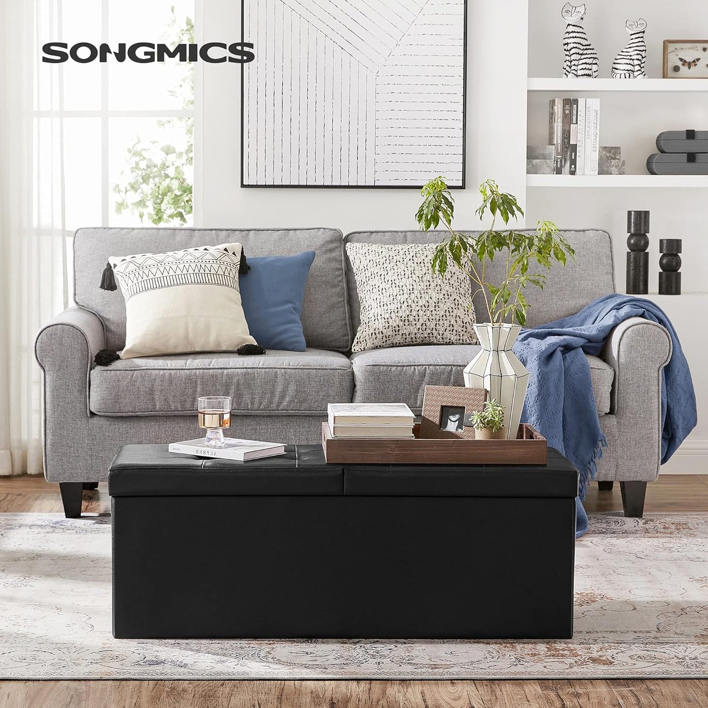 MAZIE Collection - 43 Inches Storage Ottoman Bench with Flipping Lid, Storage Chest with Iron Frame Support, Load 660 Lb, for Living Room, Bedroom, Synthetic Leather, Black ULSF75BK