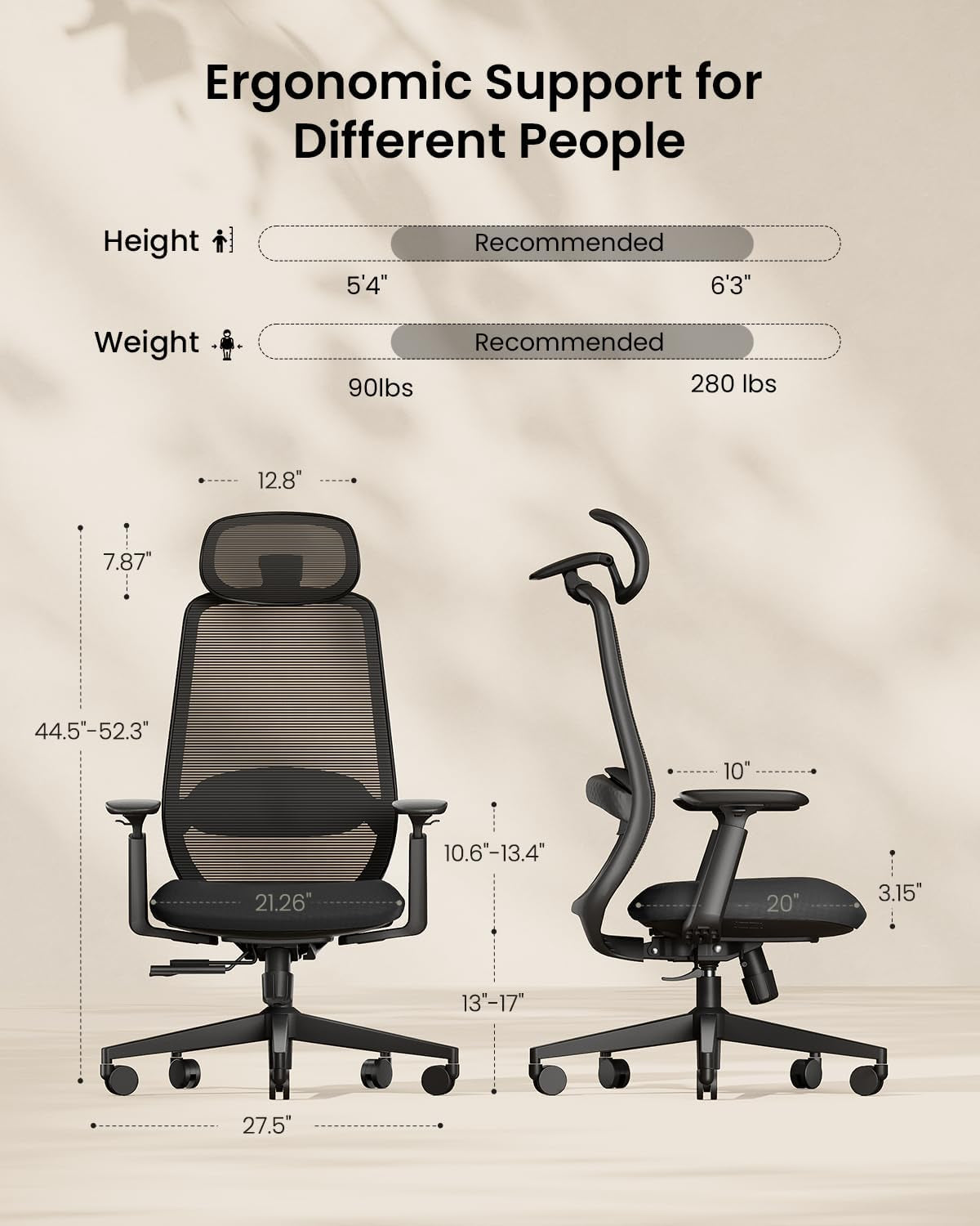 Ergonomic Office Chair – EC200 High-Back Mesh Computer Chair with Lumbar Support, 3D Adjustable Headrest & Sliding Seat for 8+ Hour Comfort, Big & Tall Home Office Desk Chairs - Black