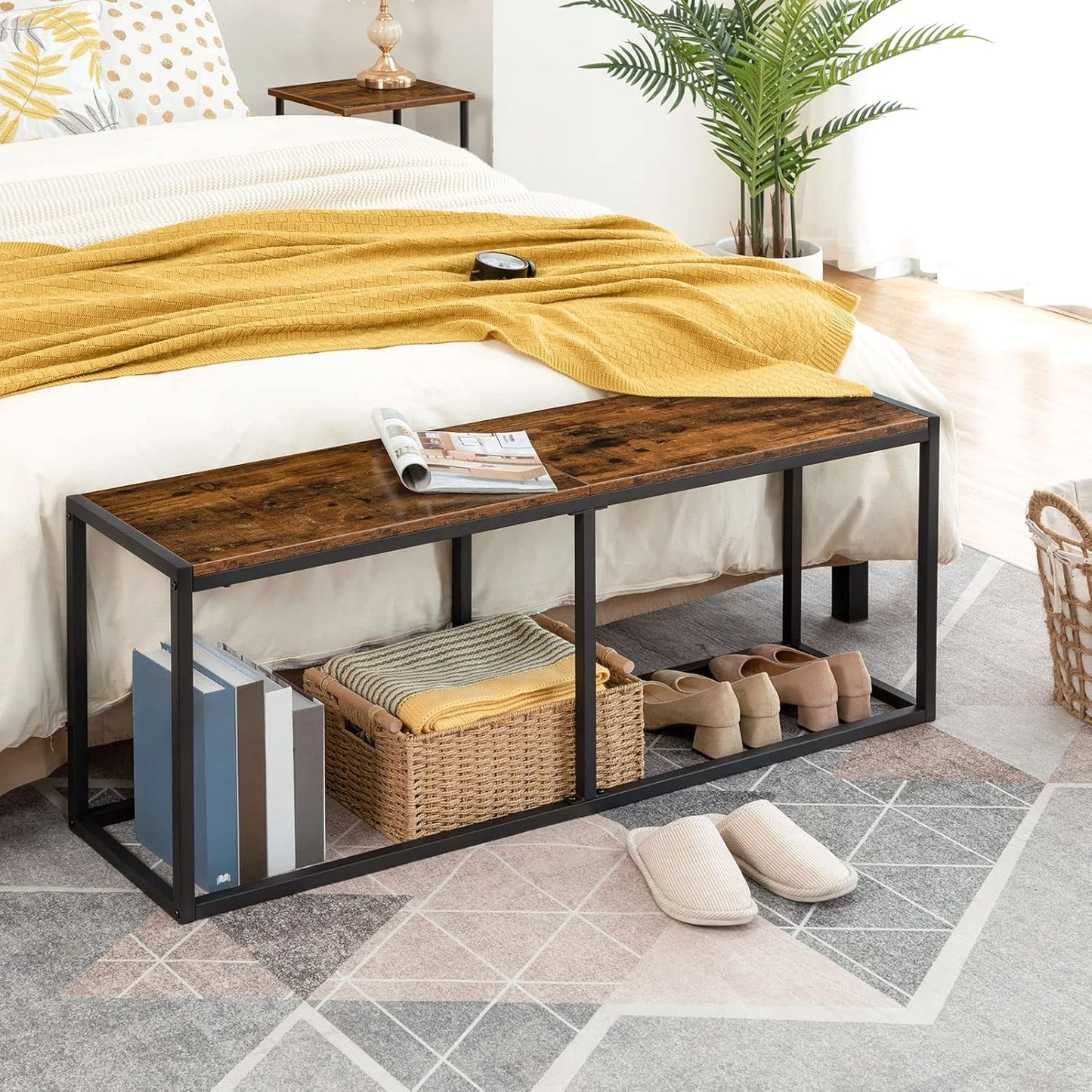 Dining Bench, 47.2 Inch Dining Table Bench, Industrial Style Kitchen Bench, Steel Frame, Easy to Assemble, for Kitchen, Dining Room, Rustic Brown and Black BF12CD01