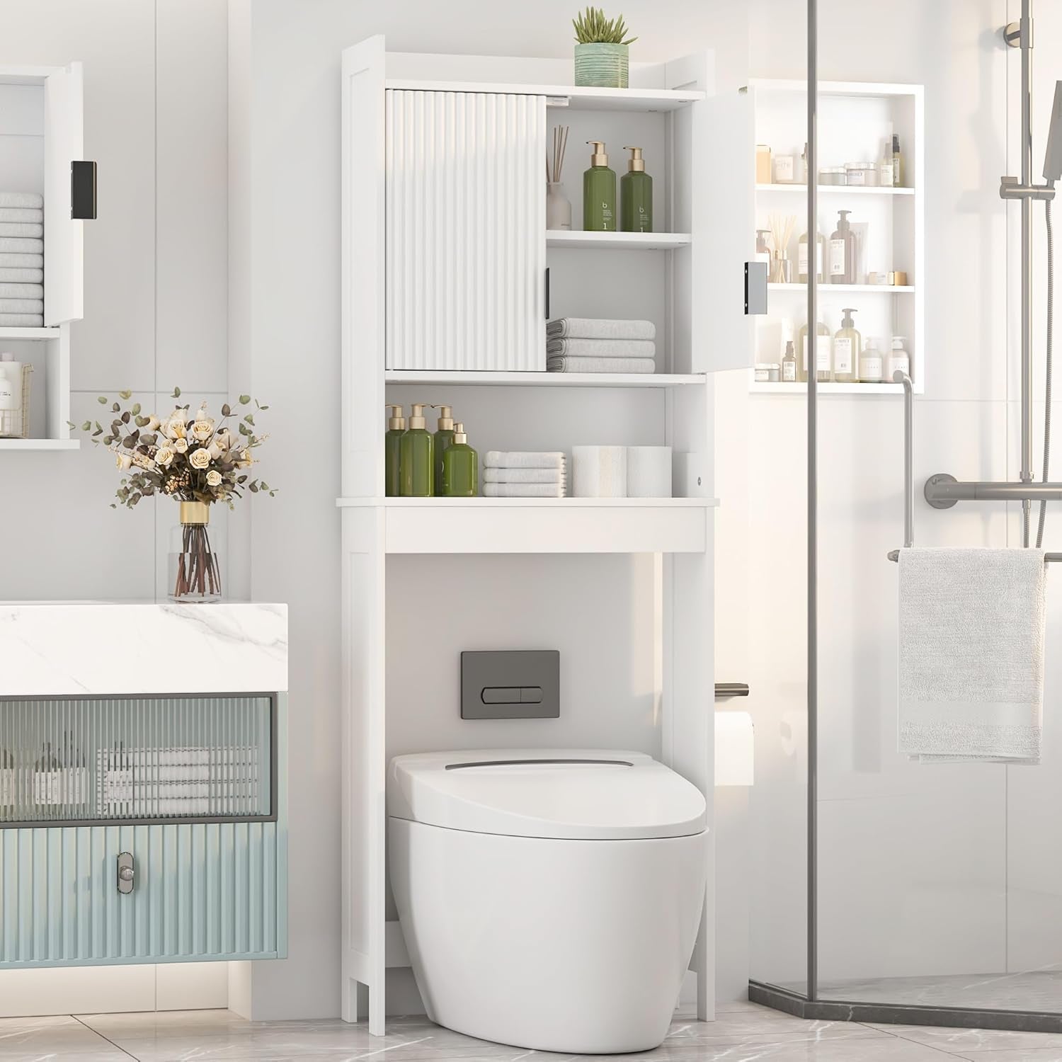 Over the Toilet Storage Cabinet,Behind Toilet Bathroom Organizer with Anti-Tip,Space-Saving Toilet Shelf with Storage,Stylish Wave Pattern & Hidden Handle,Bathroom Shelf for Restroom/Laundry