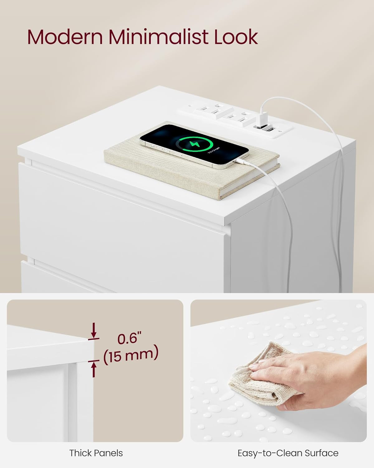 Nightstand with Charging Station, 2 AC Outlets and 2 USB Ports, Bedside Table, Side Table with 3 Drawers, Modern Style, 13.8 X 15.7 X 23.2 Inches, Cloud White ULET631W16