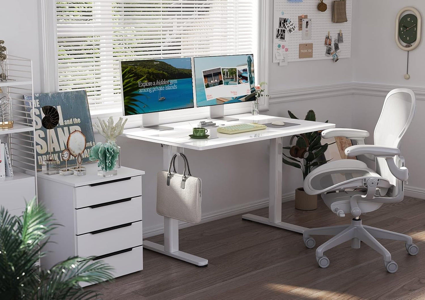 Glass Standing Desk, 48X24 Inch White Standing Desk Adjustable Height Electric Stand up Quick Install for Computer Desks, Super White