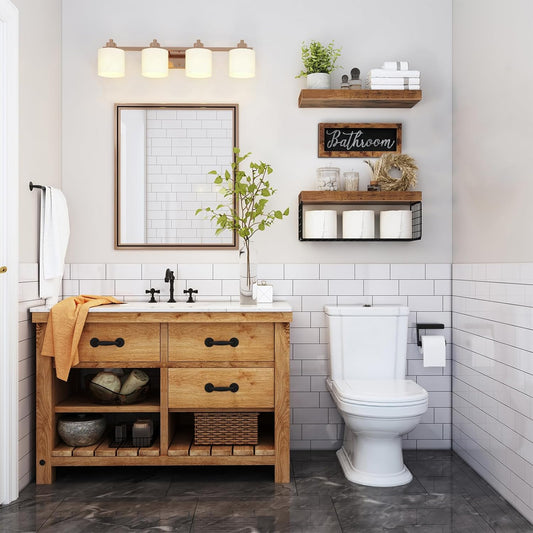 Bathroom Shelves over Toilet - Paper Storage Wall Mounted Farmhouse Decor Decorations Aesthetic Décor Sign Small Floating Shelf 2+1 Set 16 Inch, Rustic Brown (020BN)