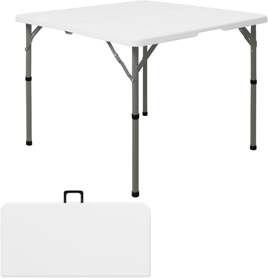 34" Square Folding Table,Multi-Functional Portable Folding Card Table with Carrying Handle for Indoor Outdoor Camping,Picnic, Office, Party Use, HDPE Plastic Tabletop with Metal Frame(White)
