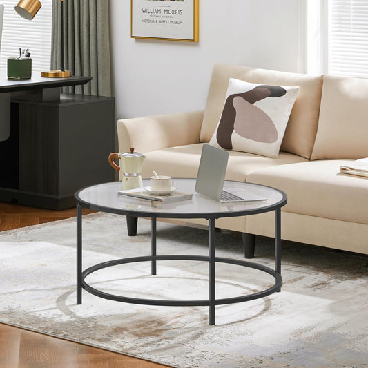 36" round Glass Coffee Table, Black Circle Coffee Table Center Table with Glass Top, Small Coffee Table for Living Room, Office & Apartment